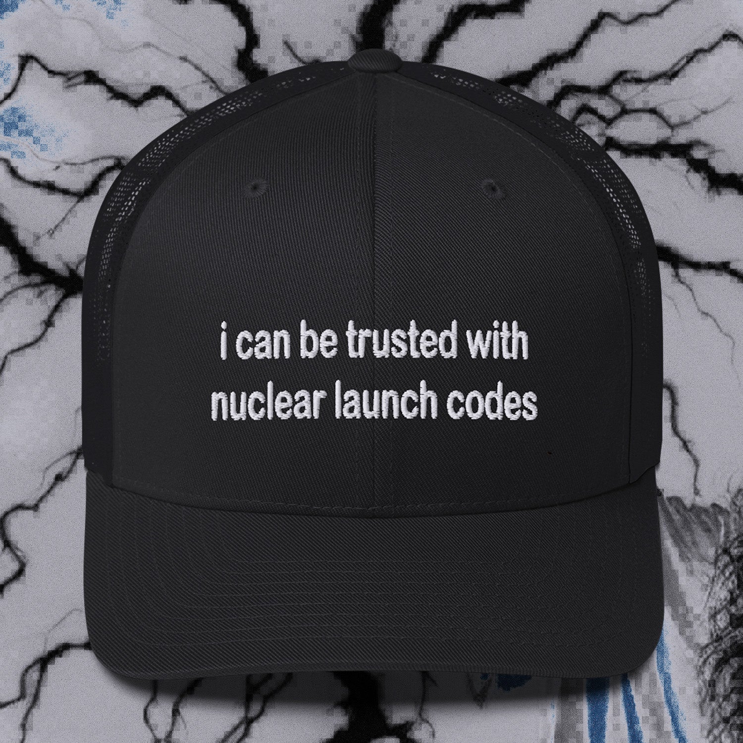 A hat with a design.