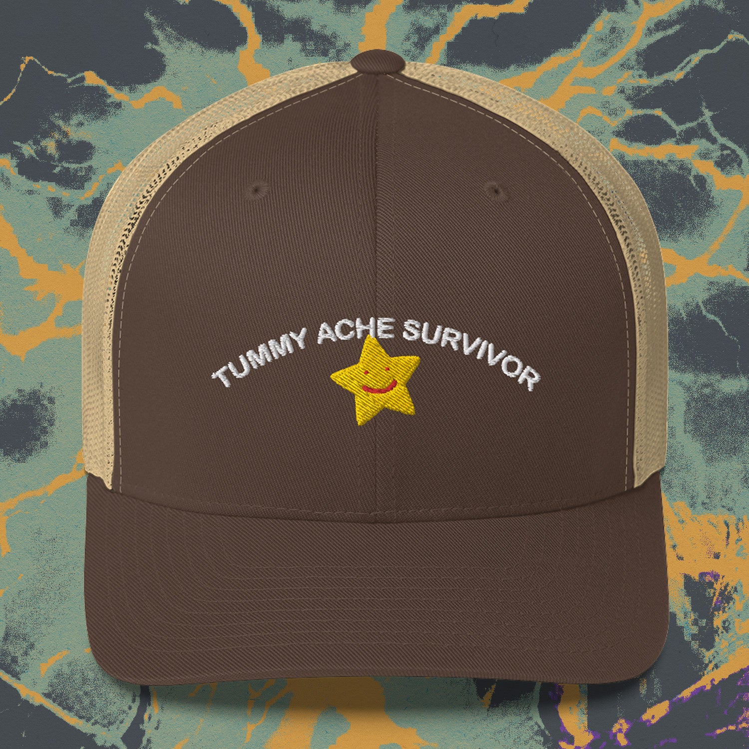 A hat with a design.