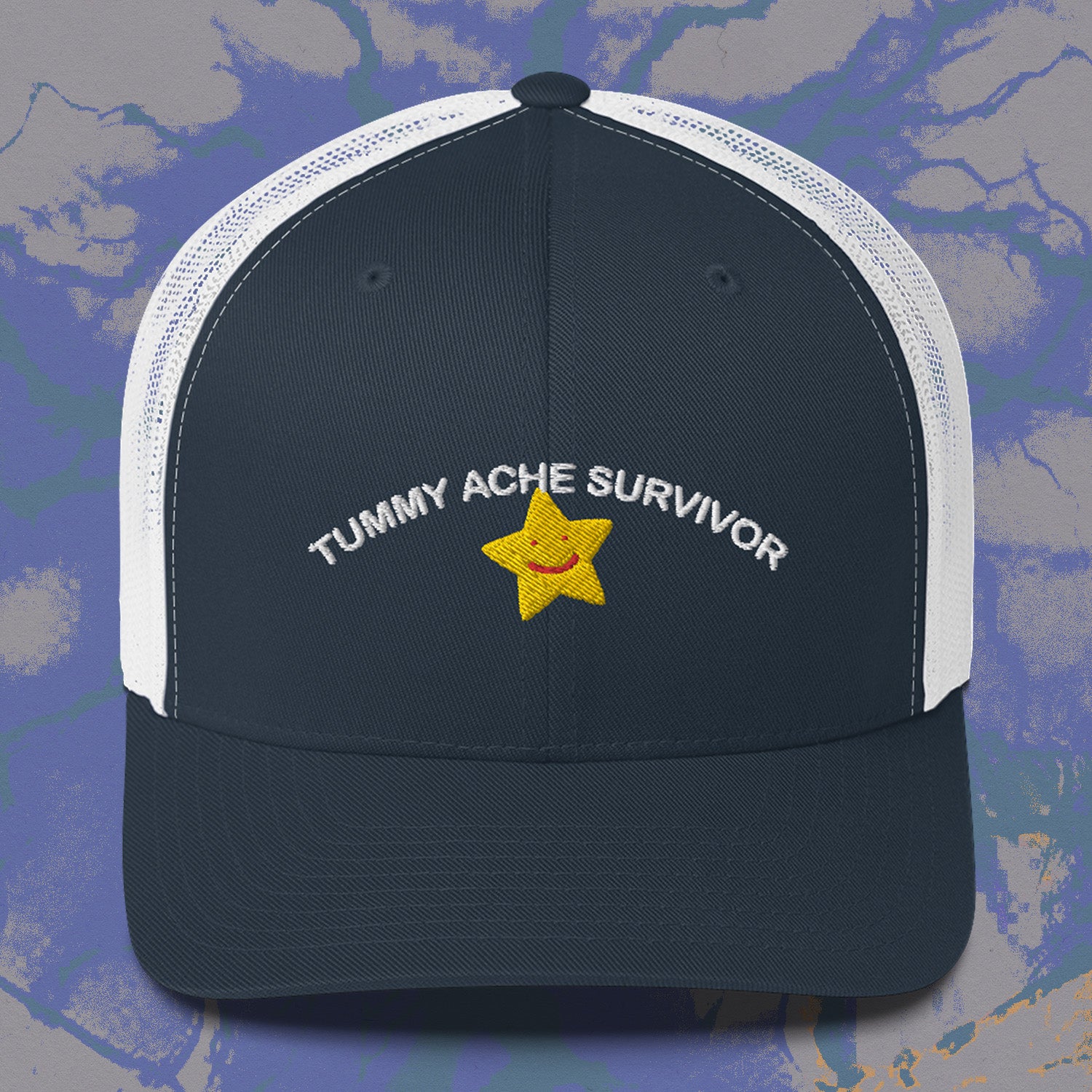 A hat with a design.