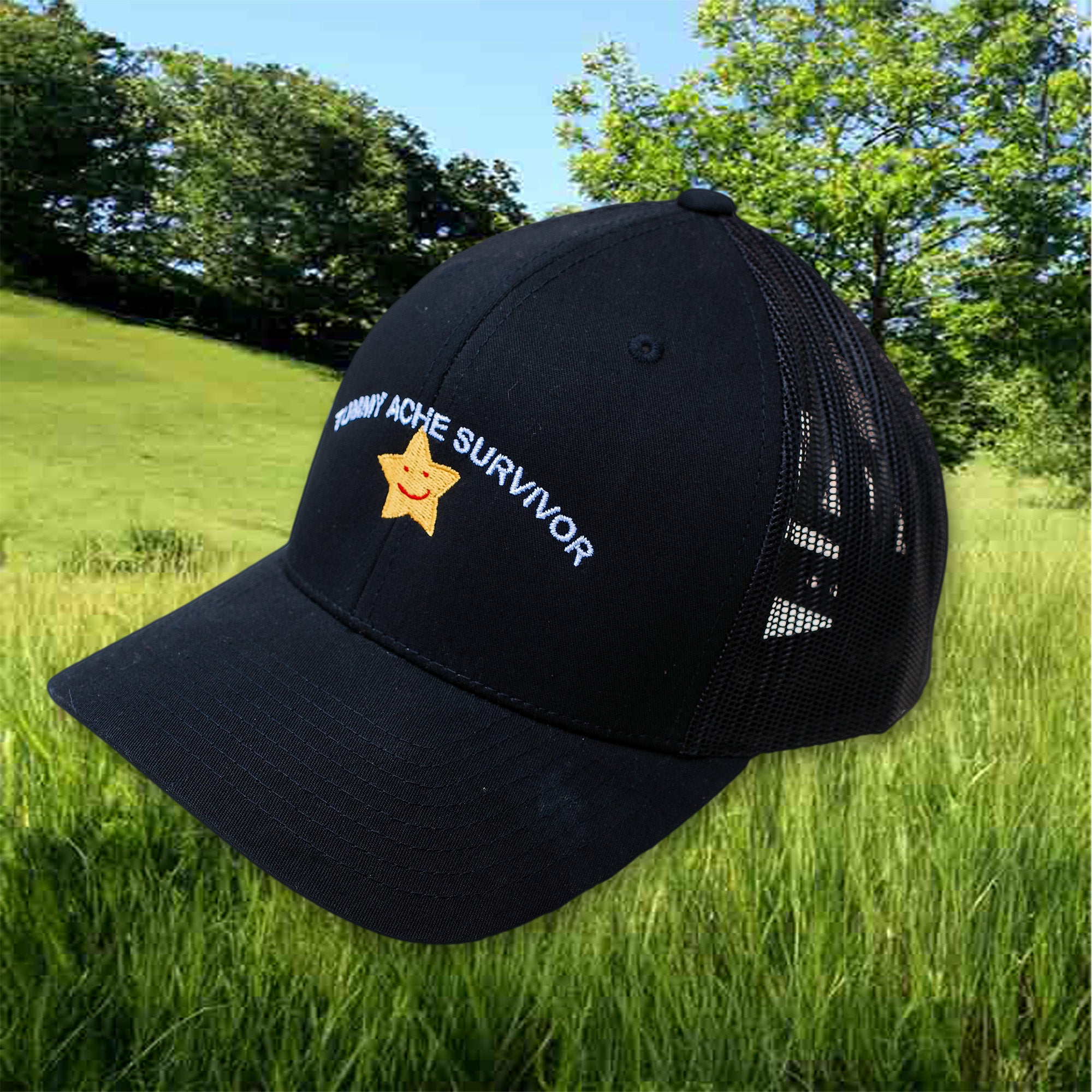 A hat with a design.