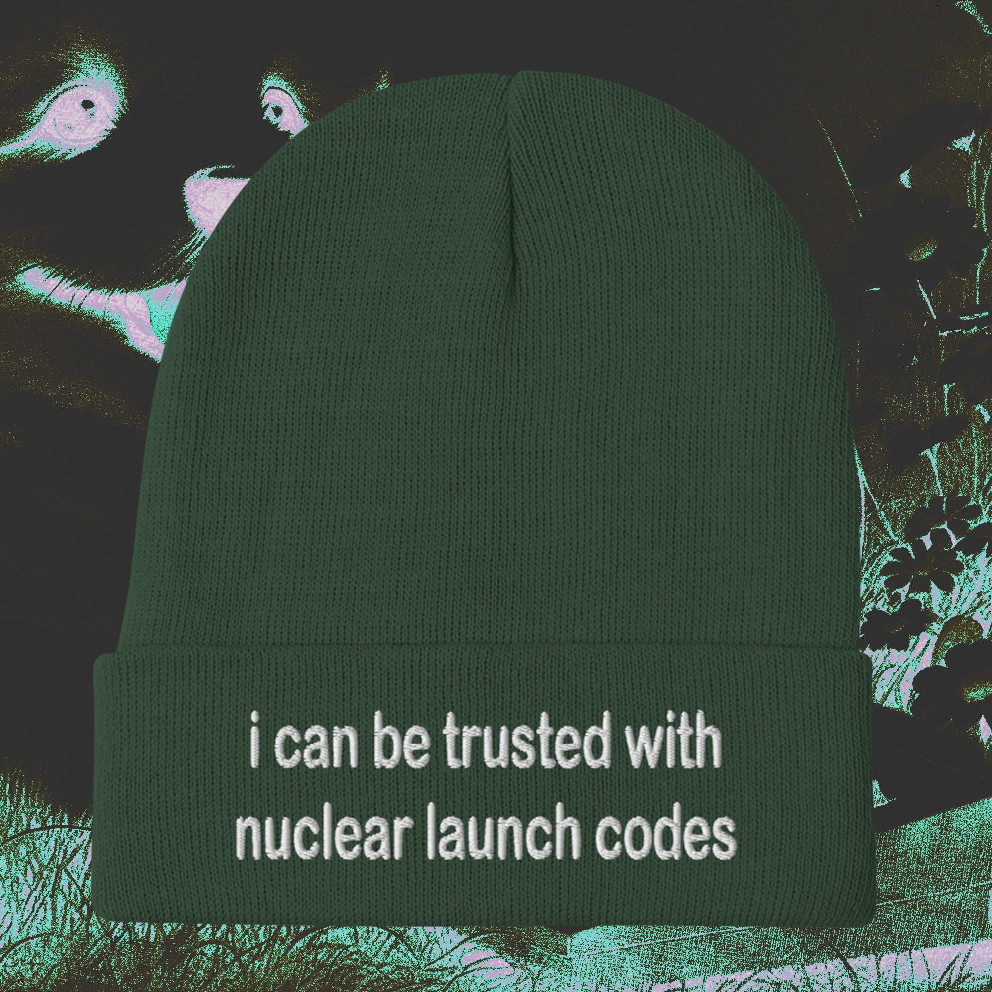 A hat with a design.