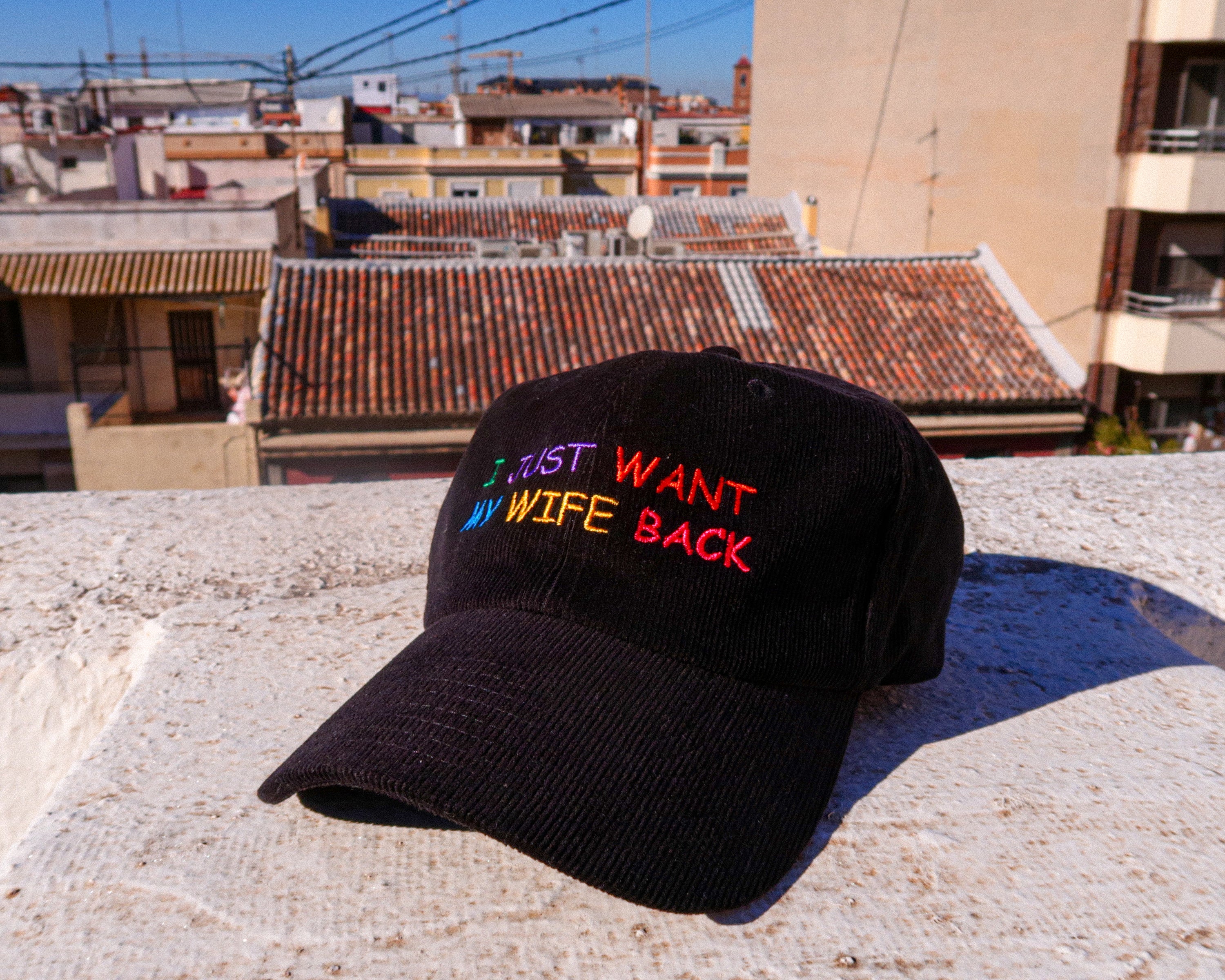 A hat with a design.