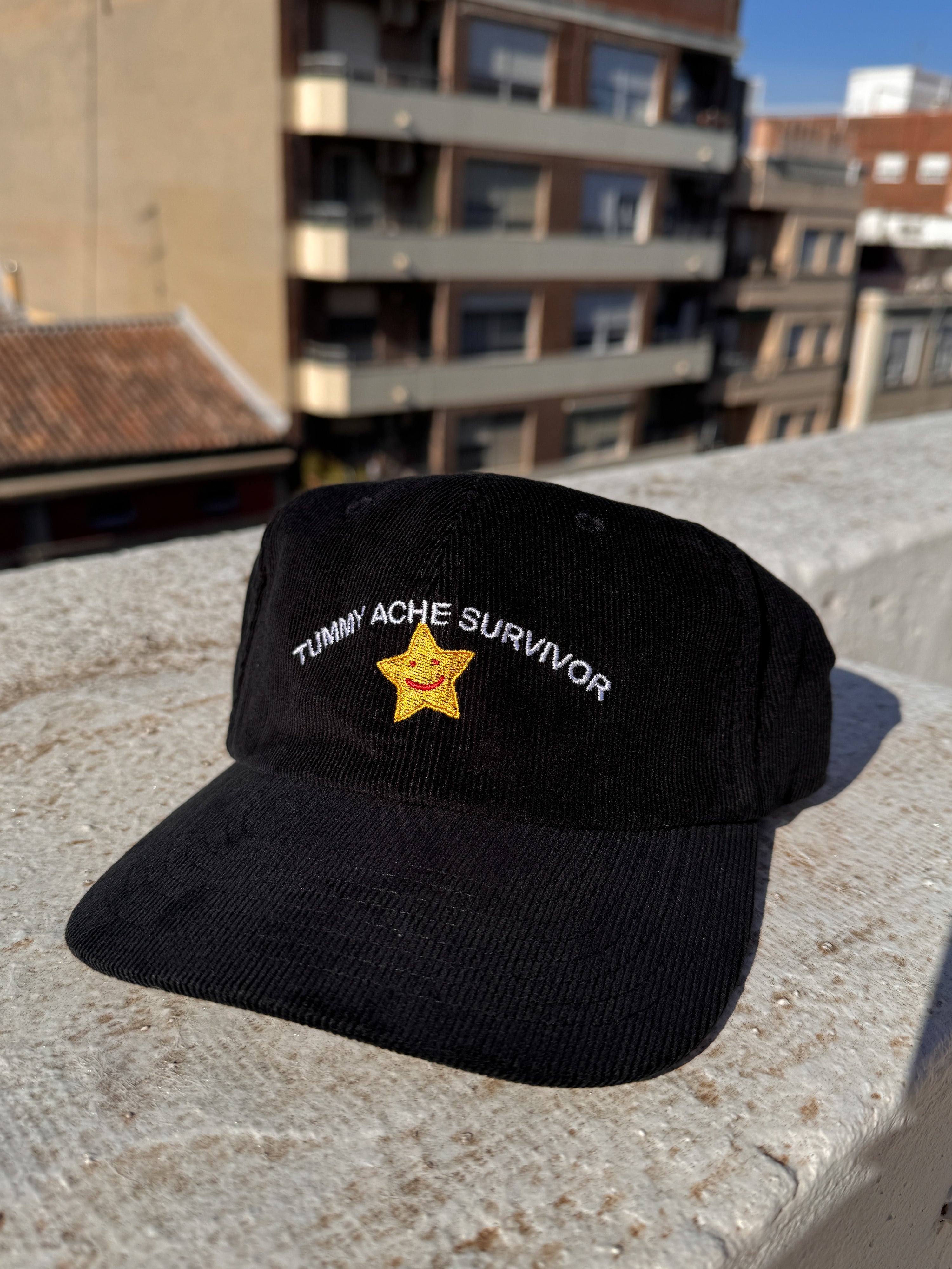 A hat with a design.