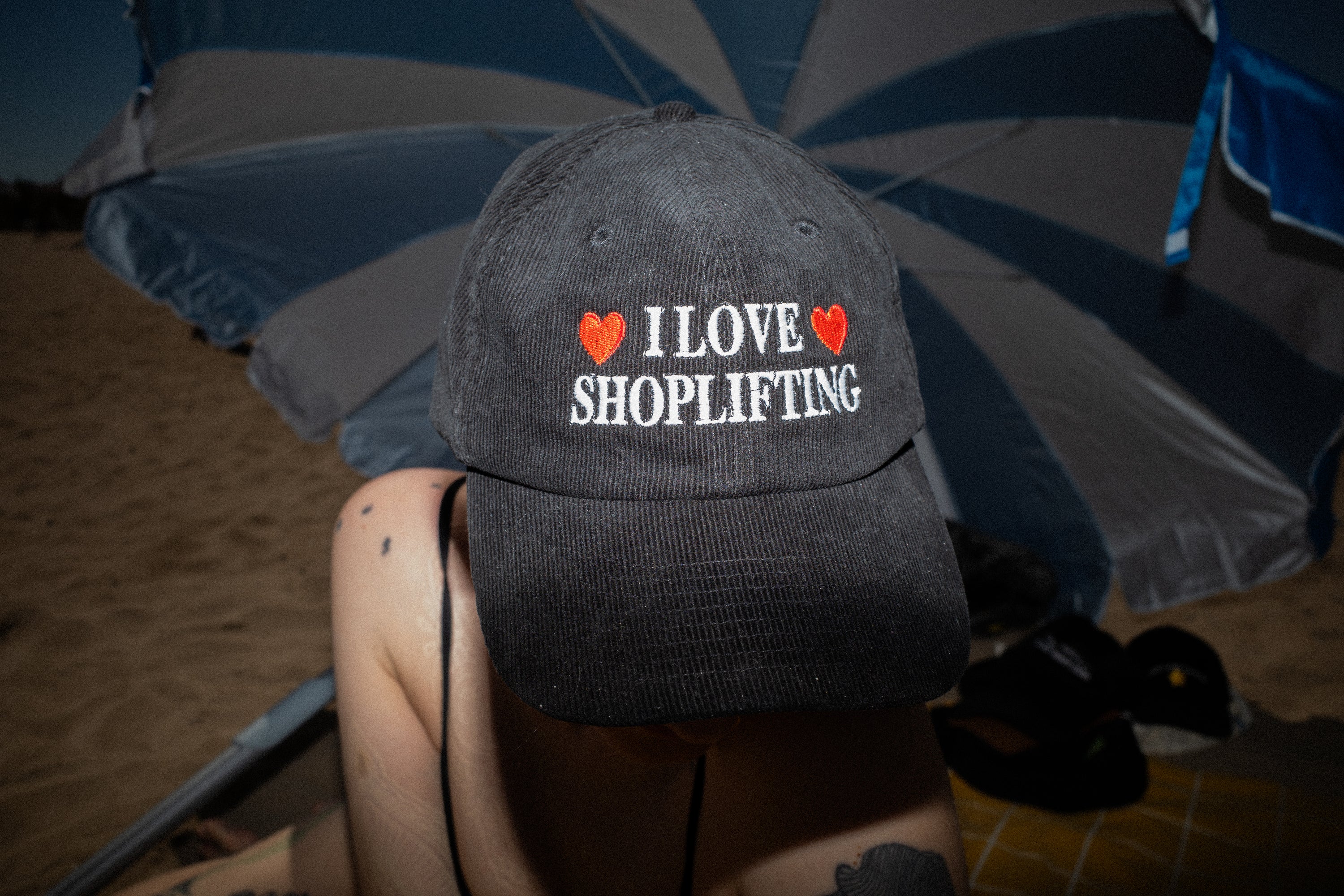 A hat with a design.