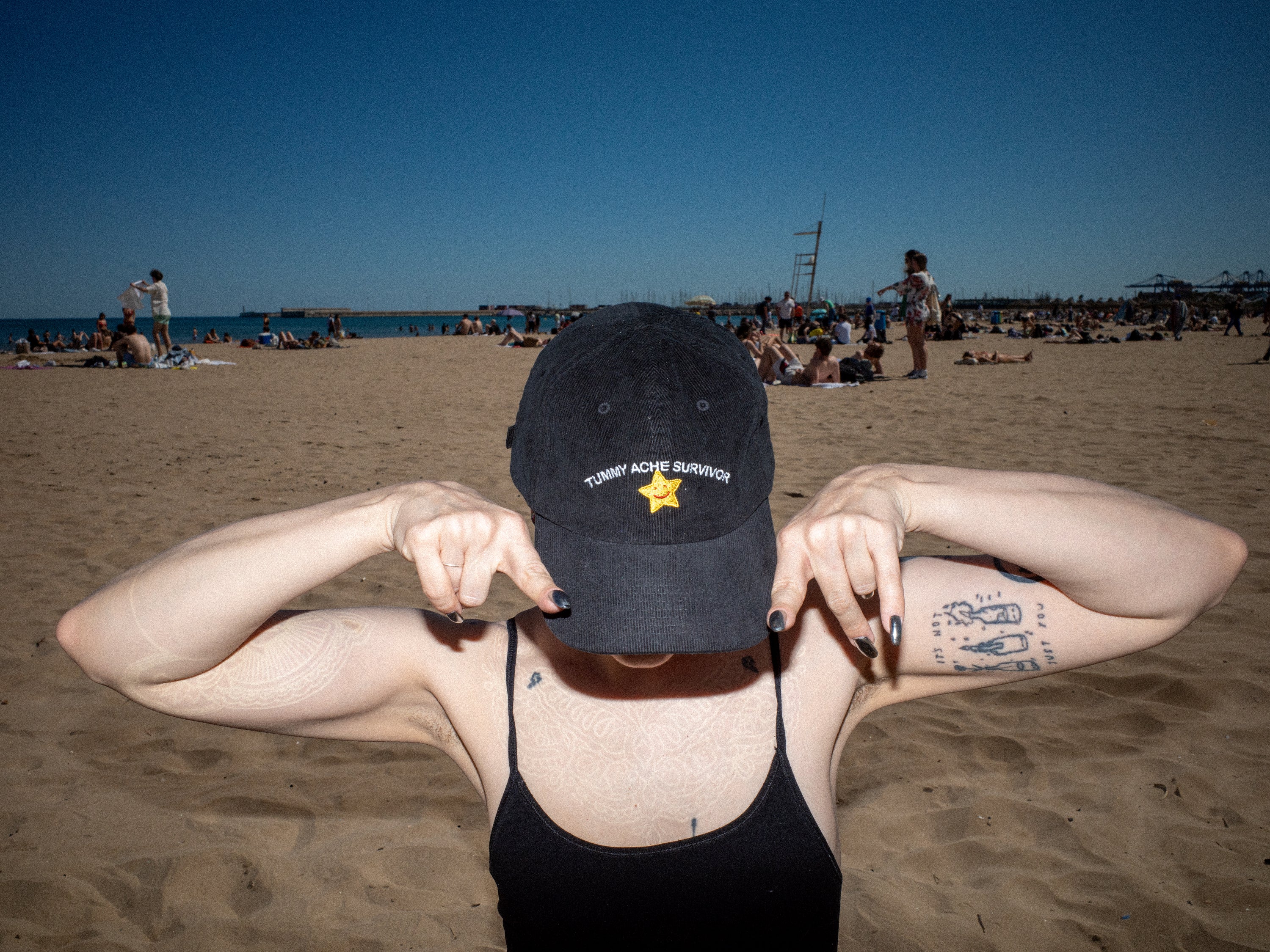 A hat with a design.