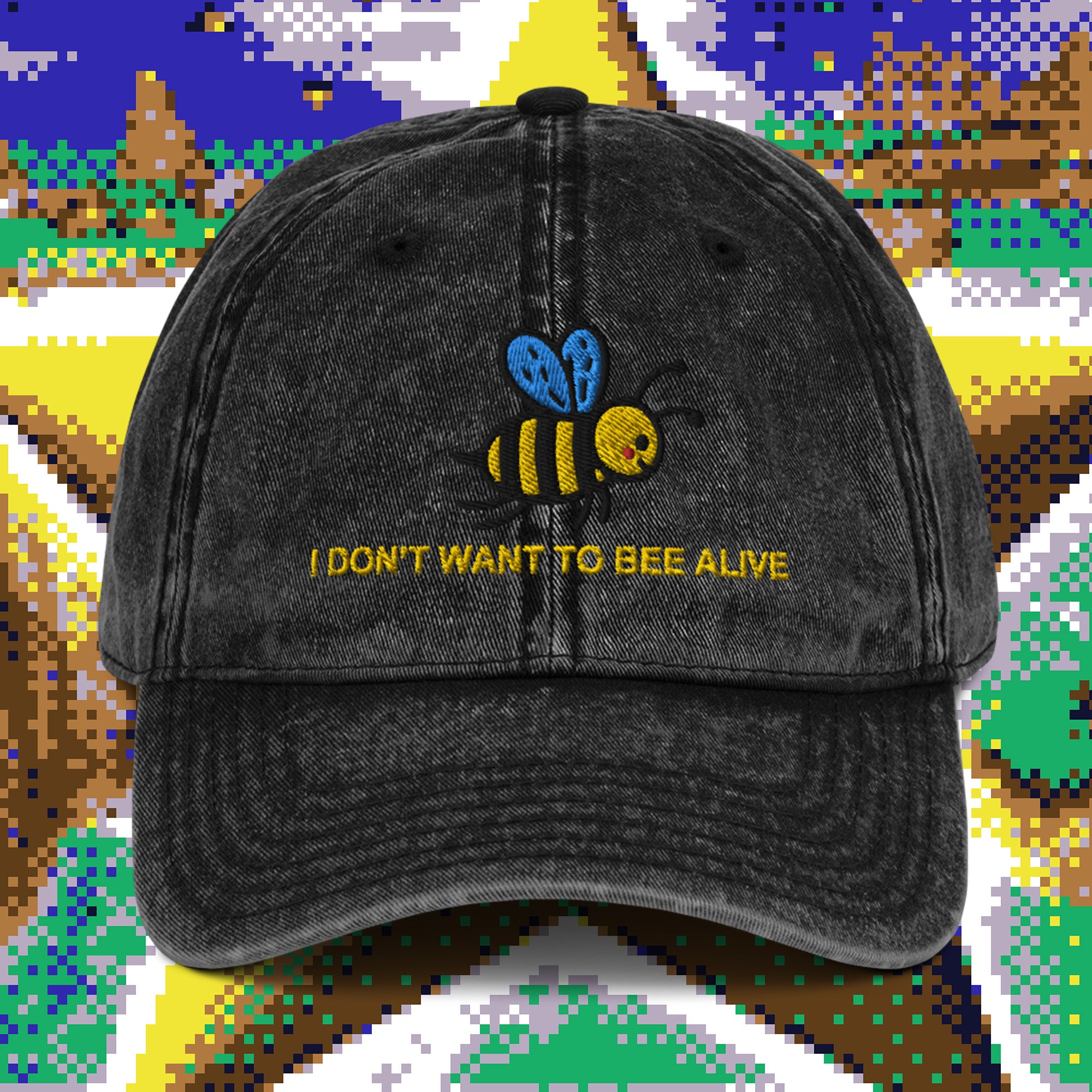 A hat with a design.