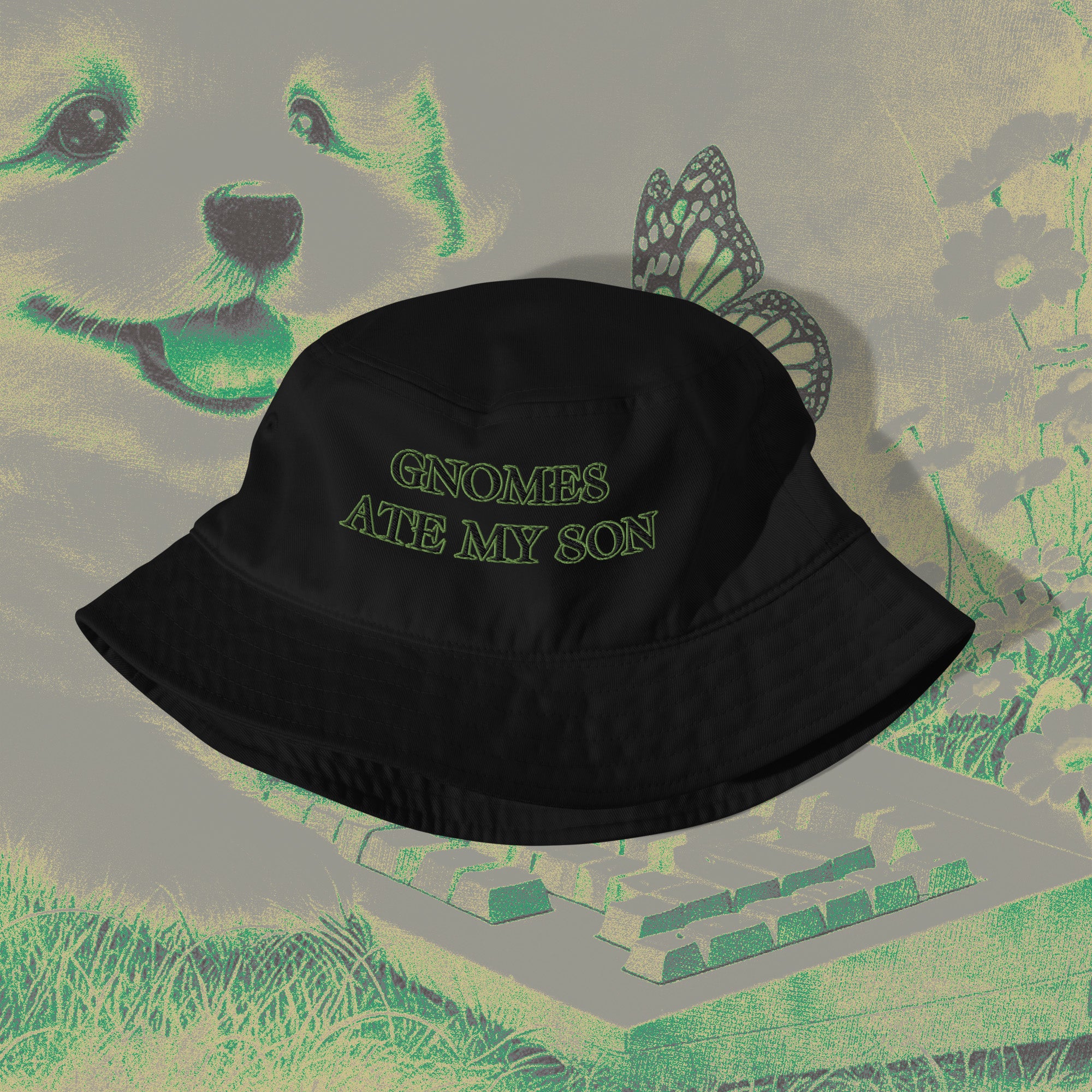 A bucket hat with a design.