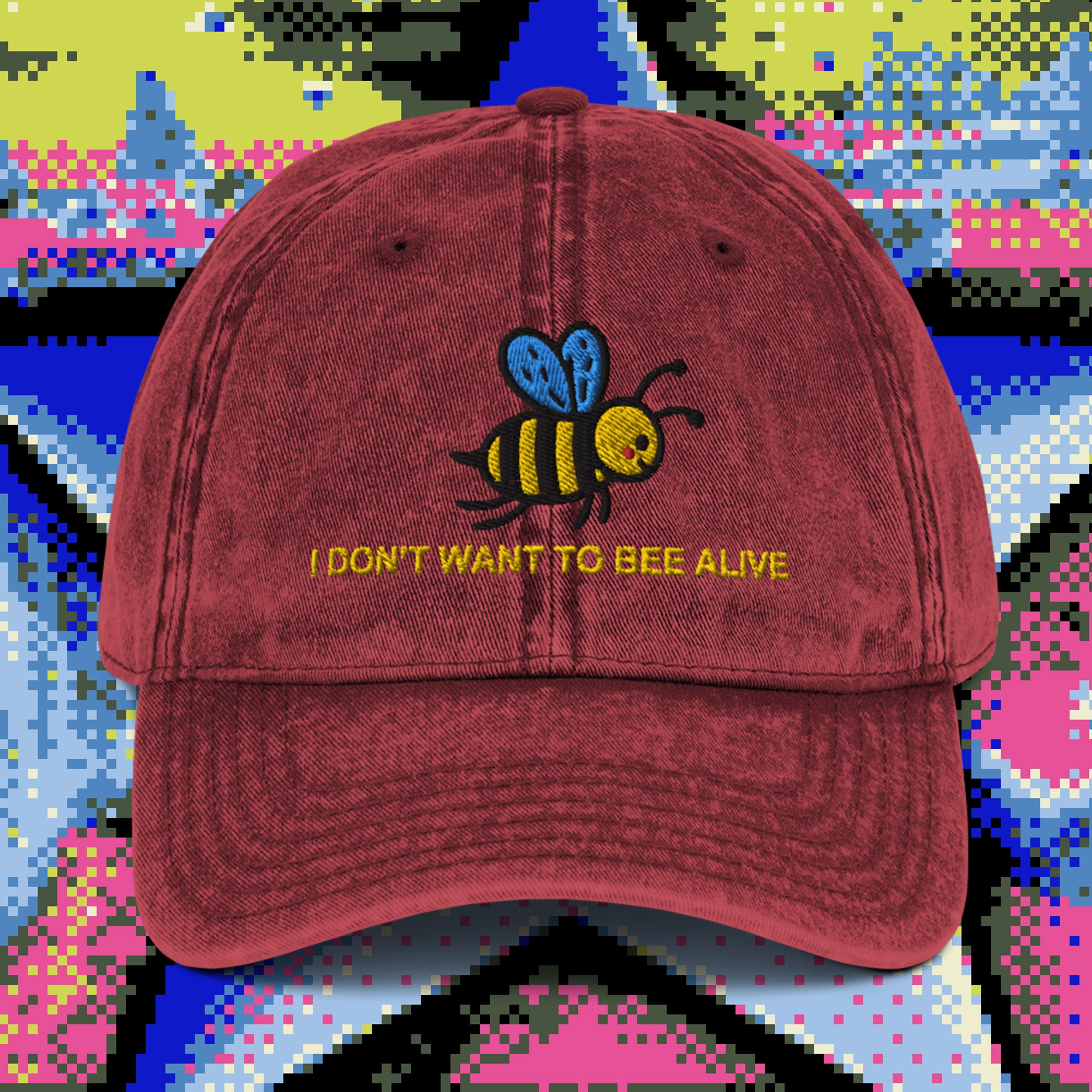 A hat with a design.