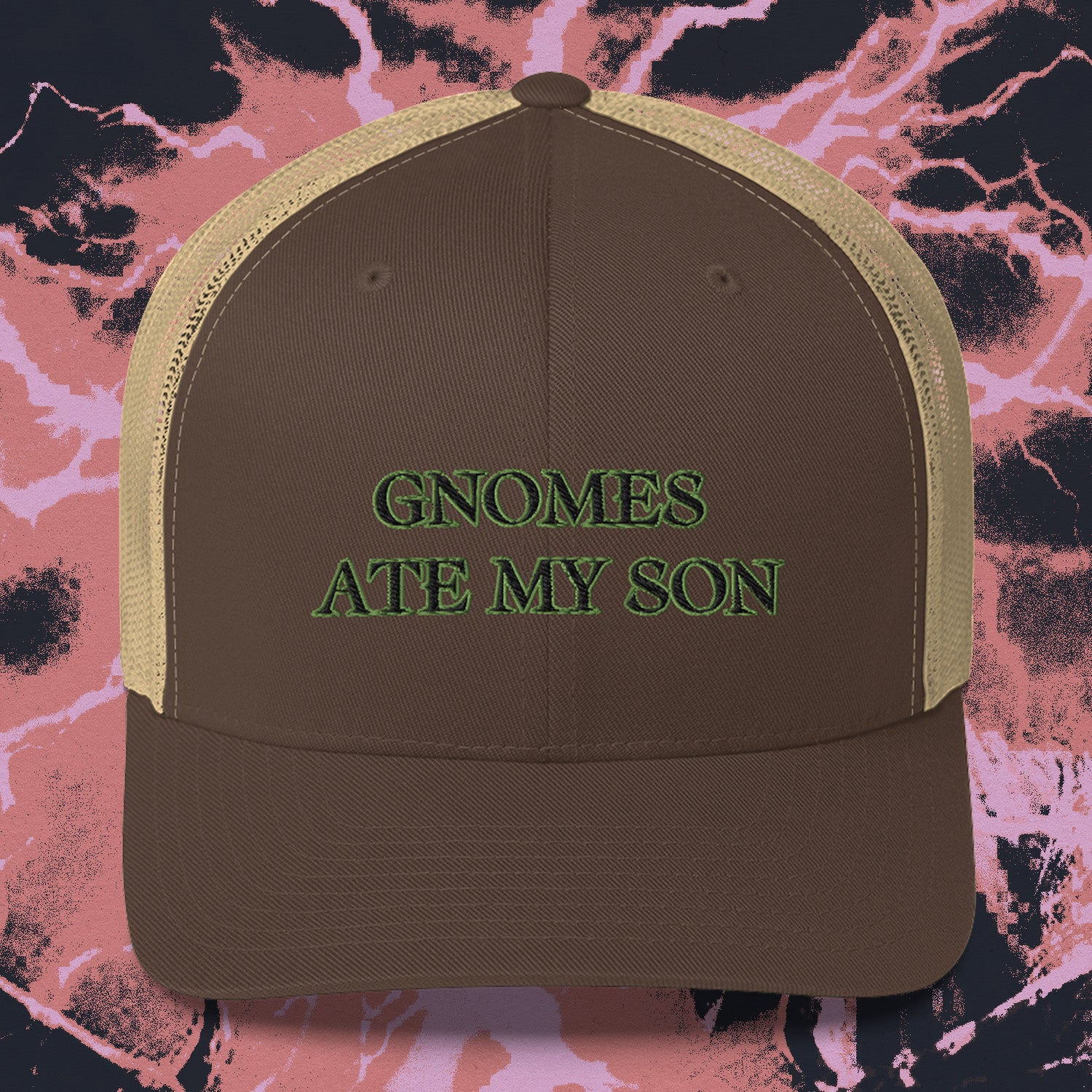 A hat with a design.