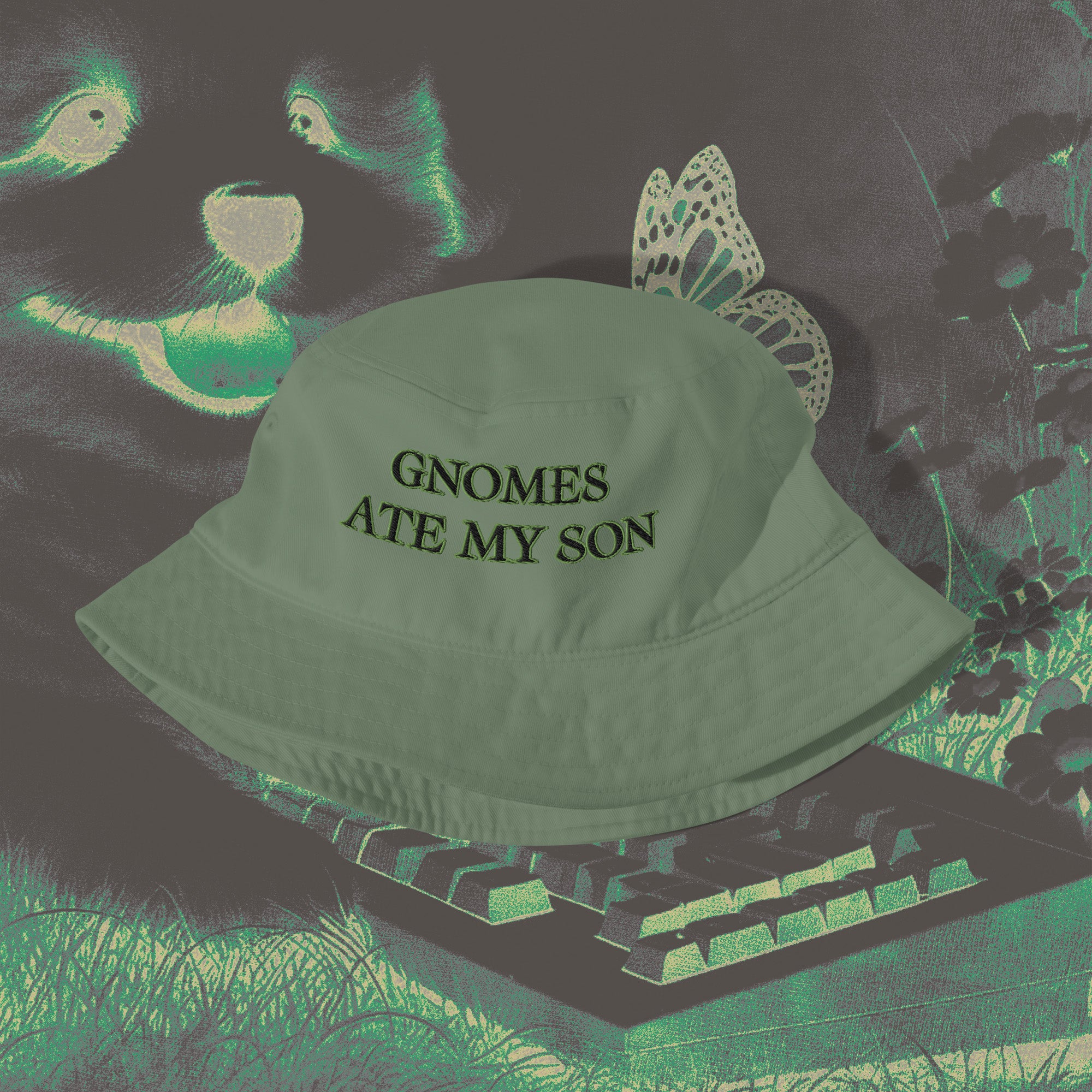 A bucket hat with a design.